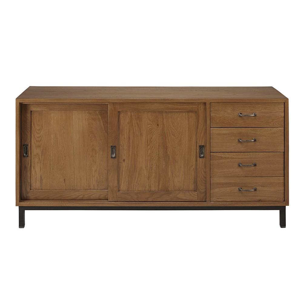 Credenza a 2 ante e 4 cassetti in legno massello di quercia e metallo