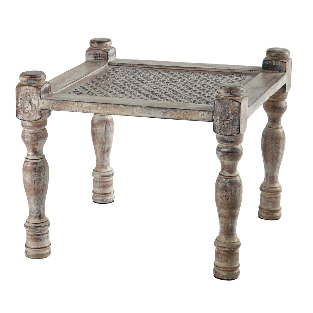 EL AOUDA carved mango wood side table in whitewash finish W 50cm
