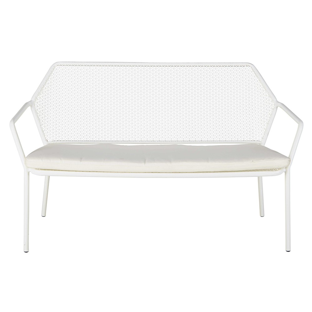 Gartenbank 2/3-Sitzer aus weißem Metall mit weißem Kissen Maldives