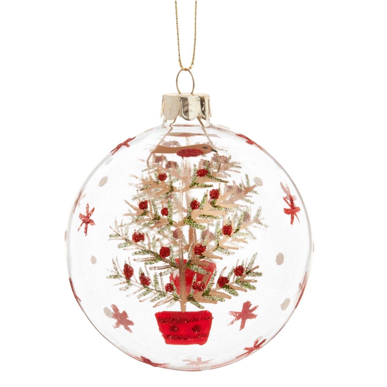 glass christmas bauble with green red and gold christmas tree print