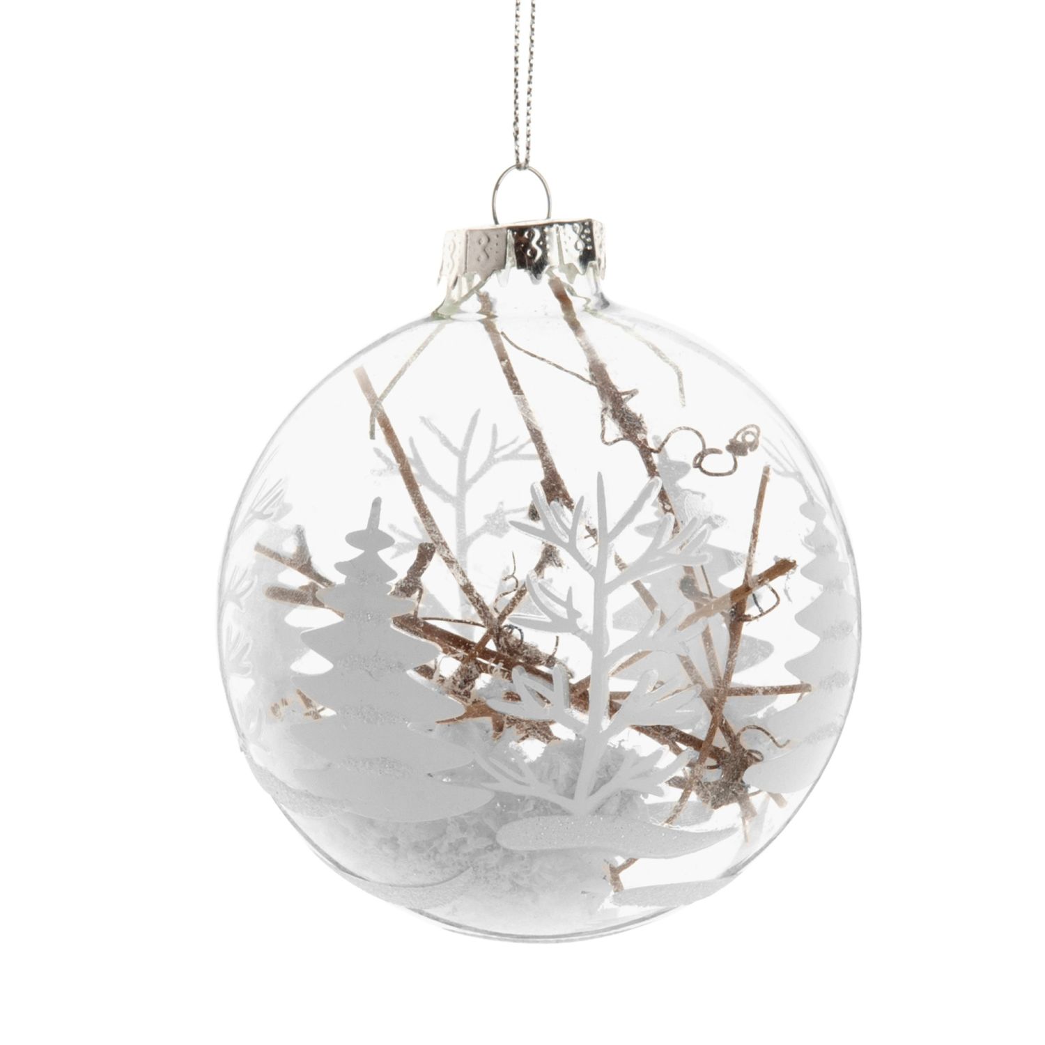 glass christmas bauble with white christmas tree print and branches