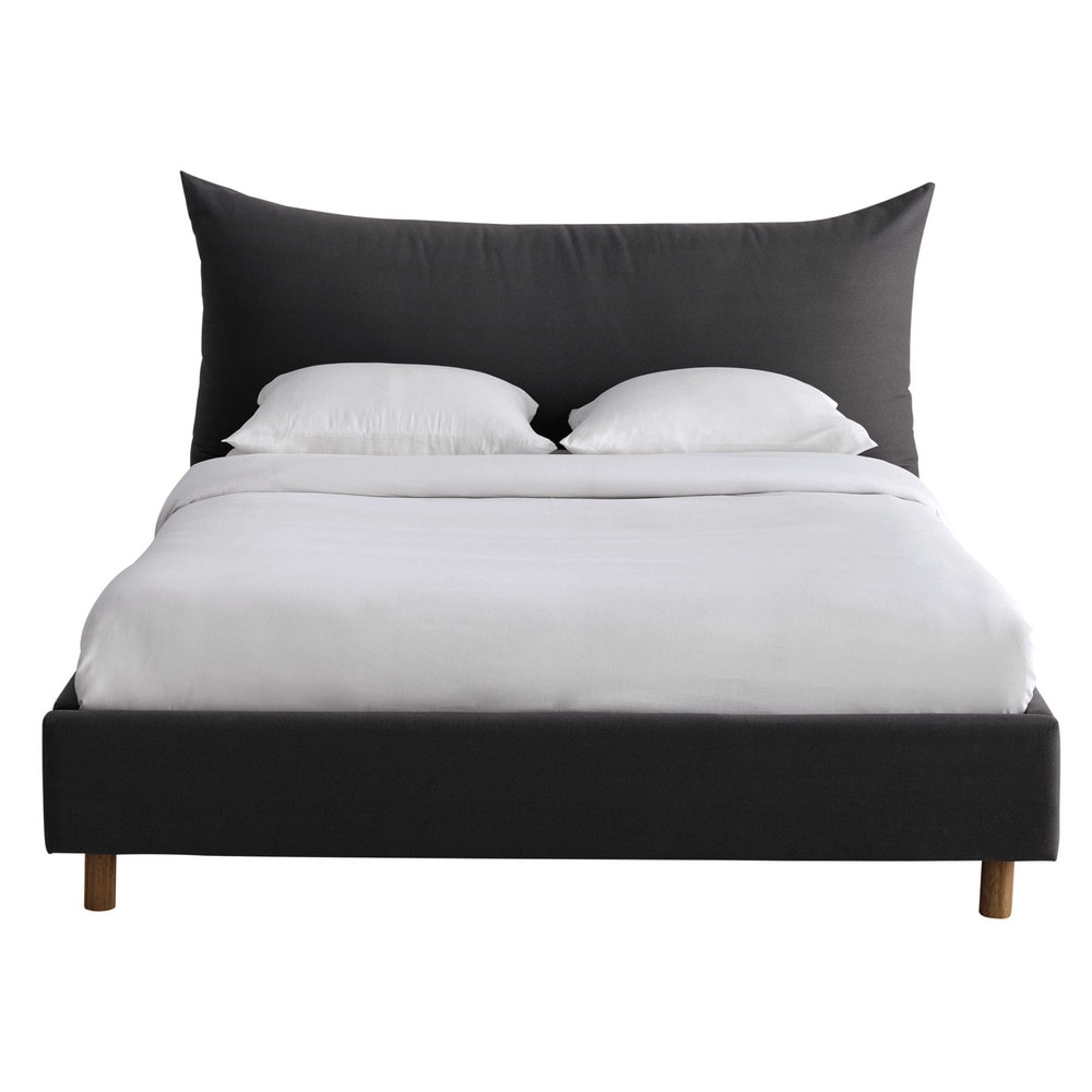 Grey Linen and Cotton Bed with Slat Frame 140 x 190 Fergus Maisons du