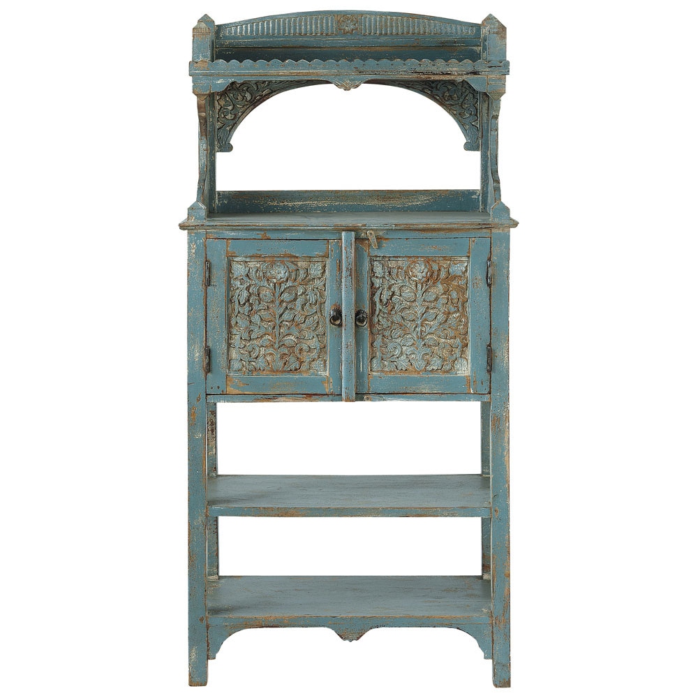 Mango wood tall kitchen stand in grey blue with distressed finish W 75cm Avignon Maisons du Monde