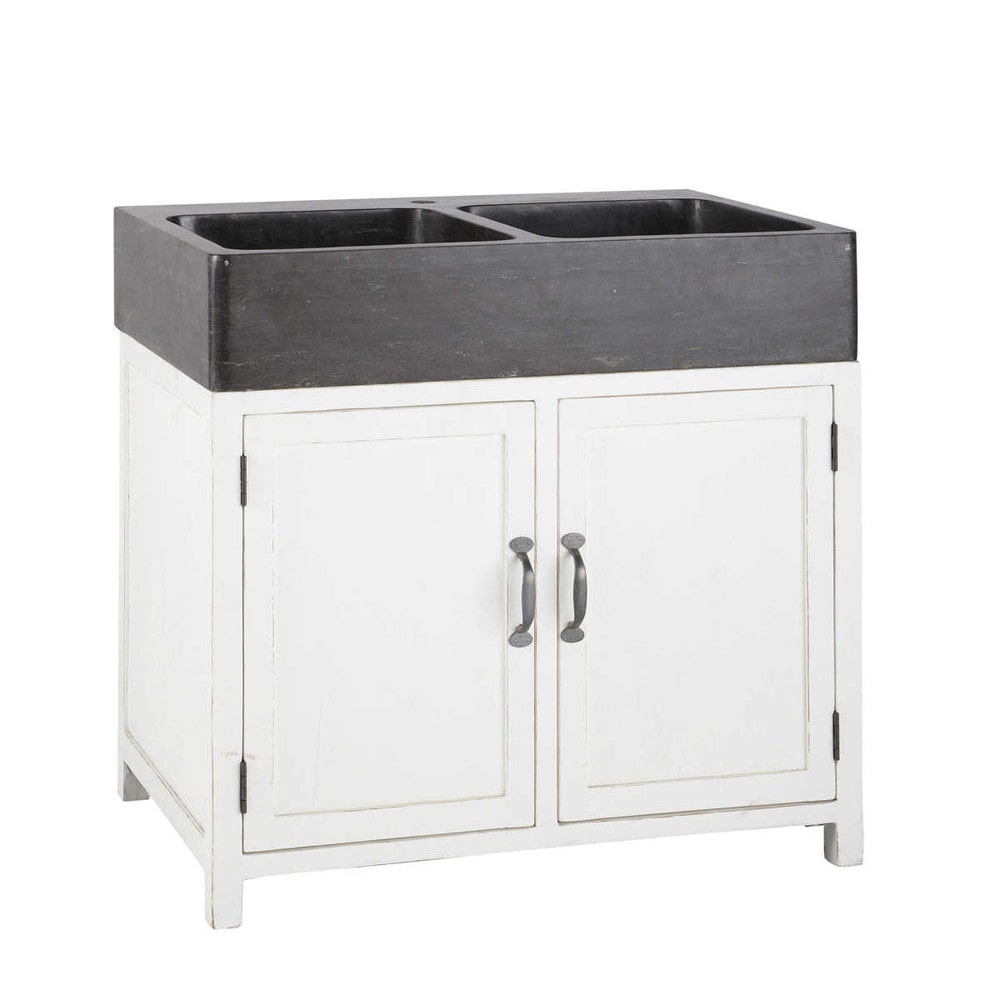 Meuble bas de cuisine avec évier en bois recyclé blanc L 90 cm Ostende
