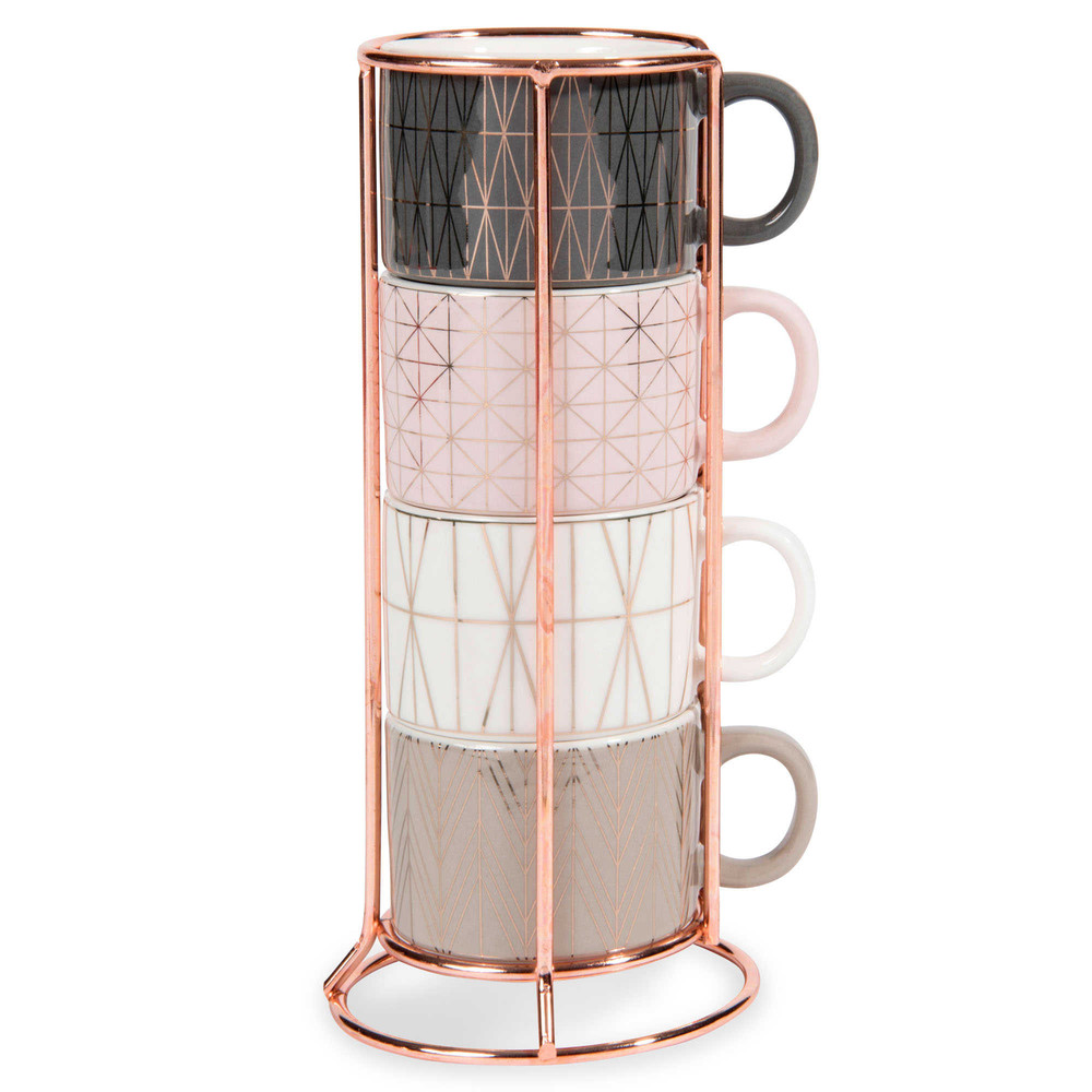 MODERN COPPER 6 faience coffee cups + holder Maisons du Monde