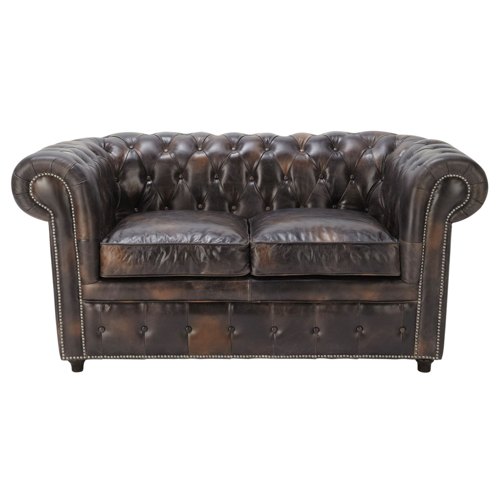 Sofá capitoné Chesterfield de 2 plazas de cuero marrón moca Vintage