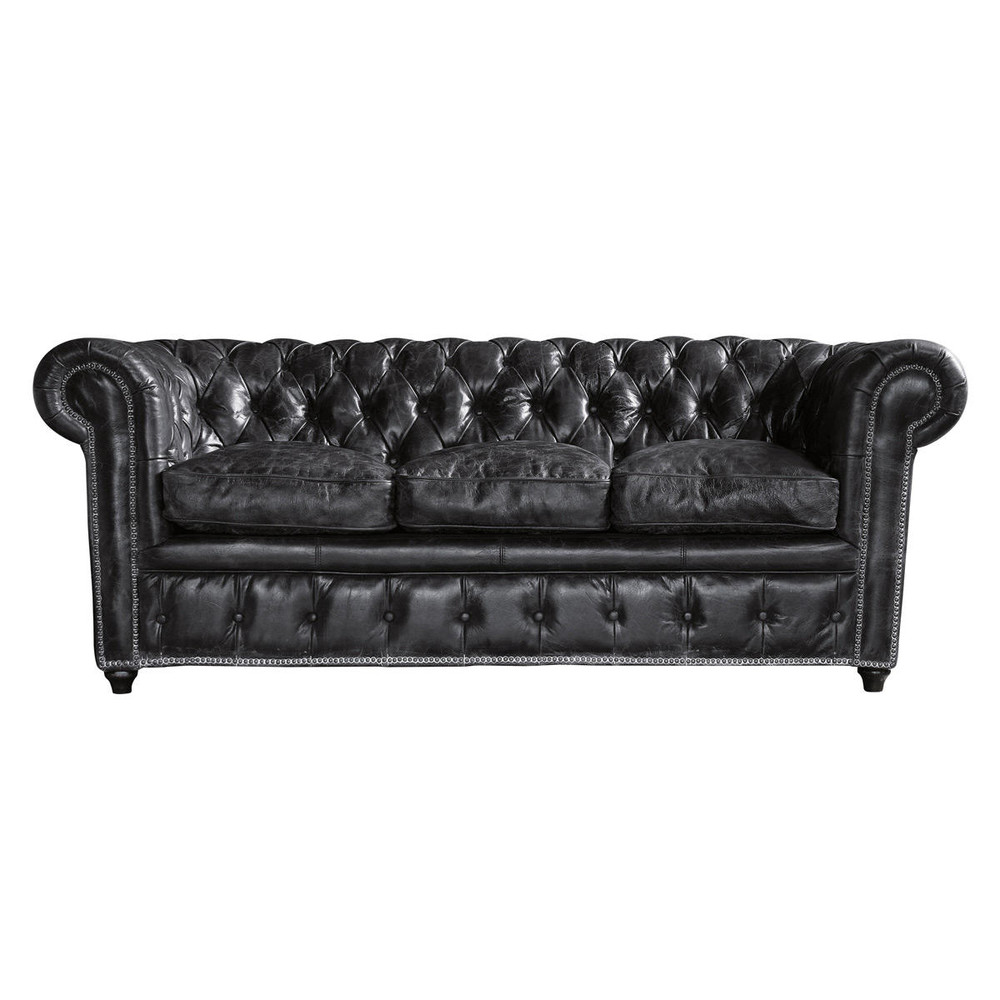 Sofá capitoné Chesterfield de 3 plazas de cuero negro Vintage Maisons
