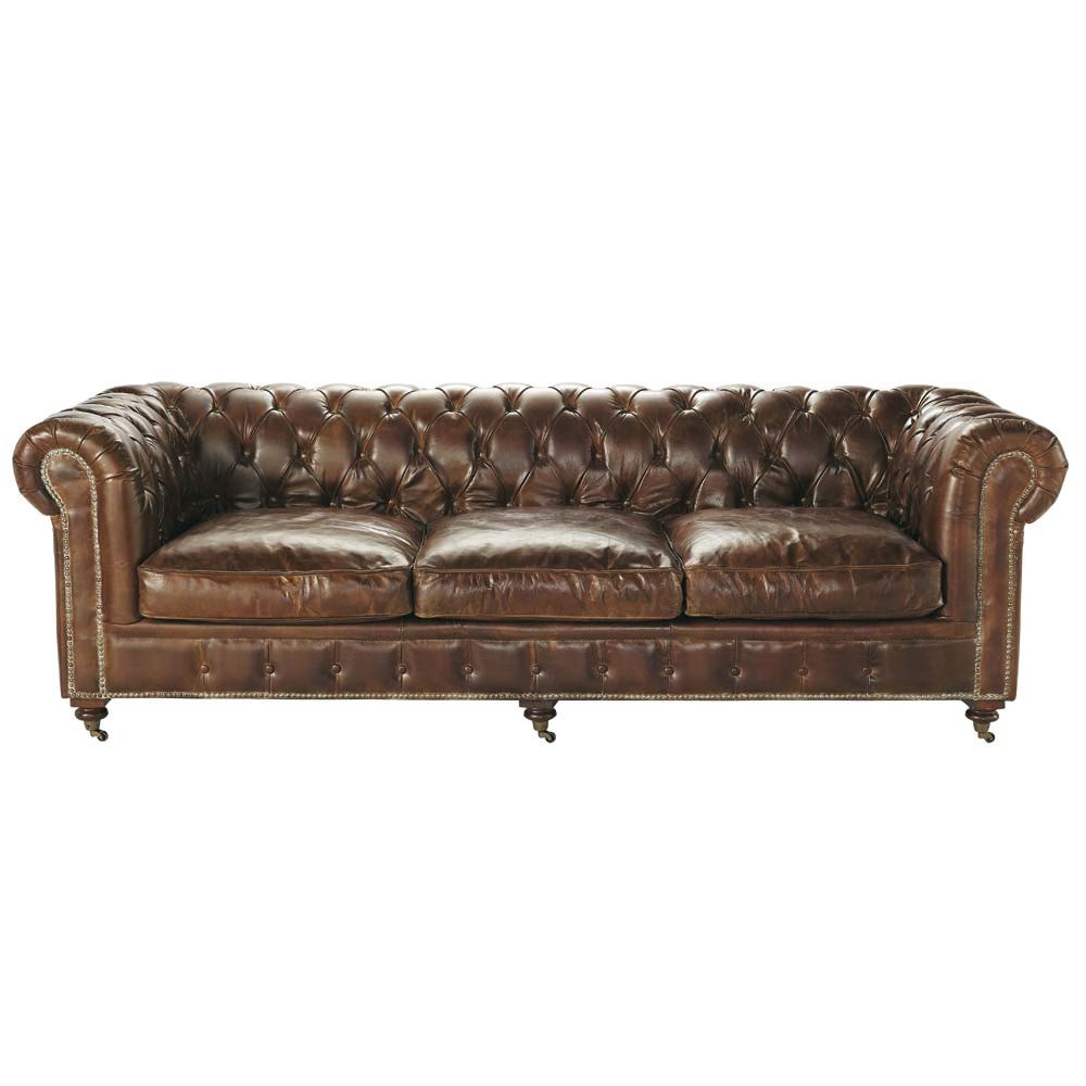 Sofá capitoné Chesterfield de 4 plazas de cuero marrón Vintage
