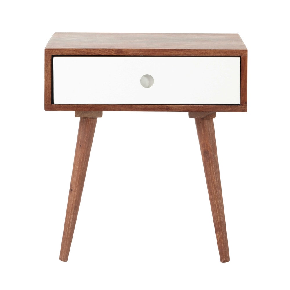 Table De Chevet Vintage Avec 2 Tiroirs - Bois - Dimensions 45x40x58 Cm - Pieds En Bois De Caoutchouc - Marron