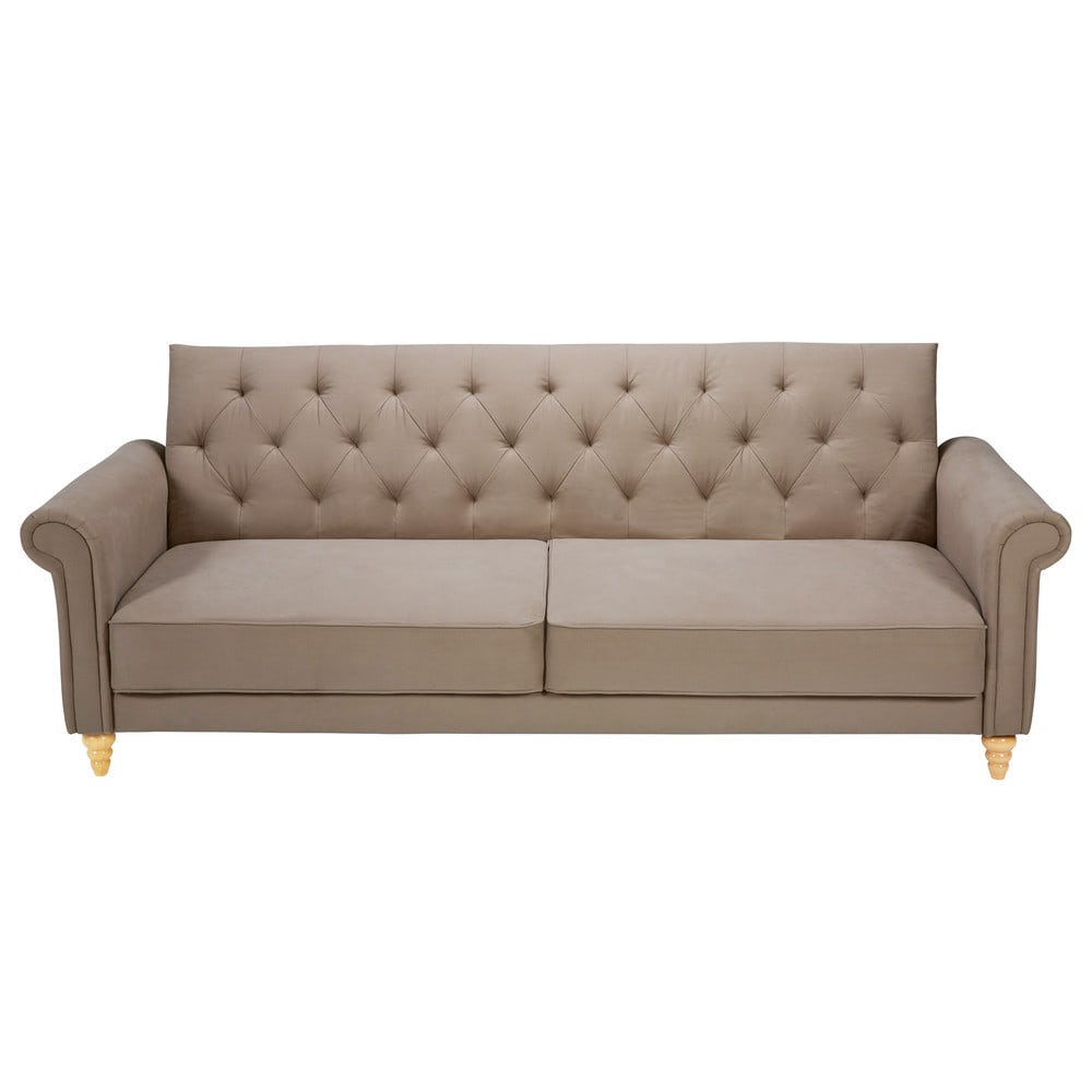 Taupe 3seater tufted cotton sofa bed Lise Maisons du Monde