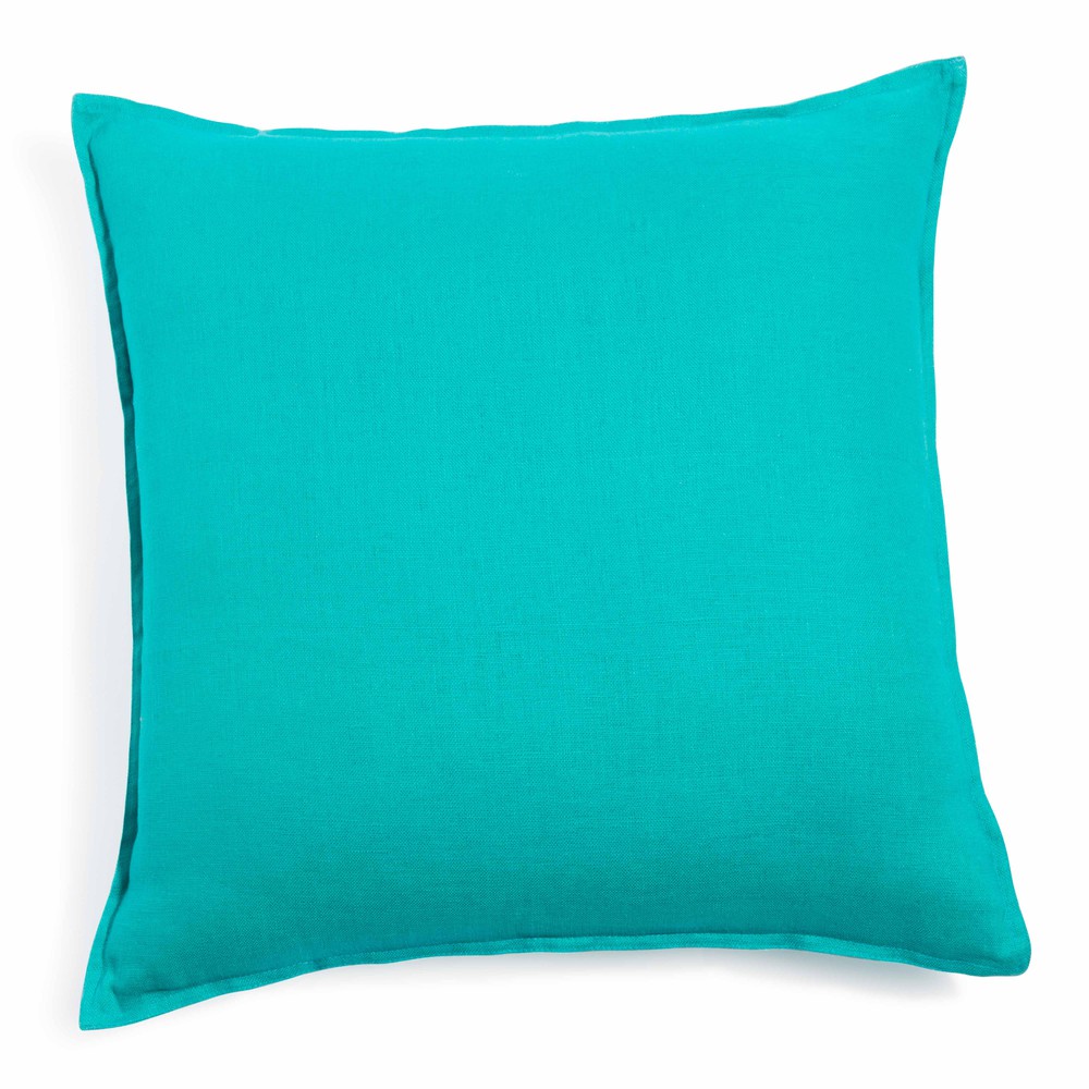 Washed linen cushion, turquoise 50 x 50cm Maisons du Monde