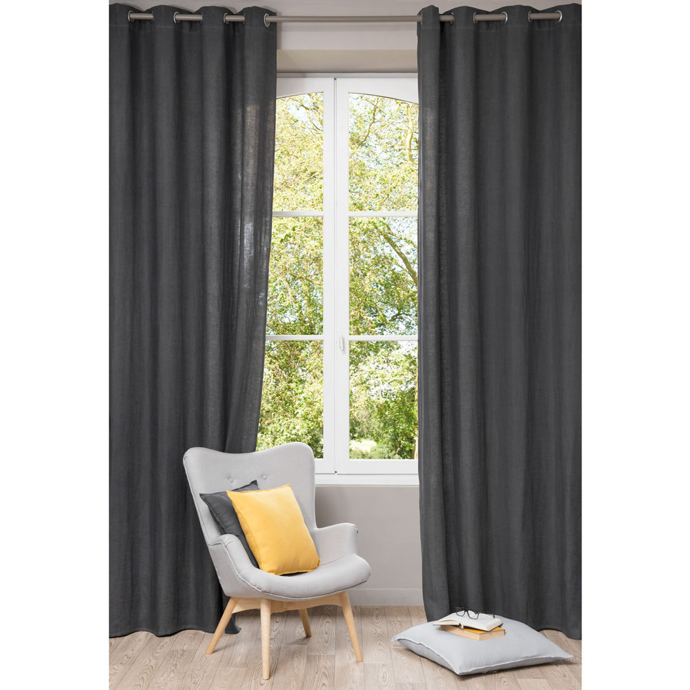 Washed linen eyelet curtain in charcoal grey 140 x 300cm Maisons du Monde
