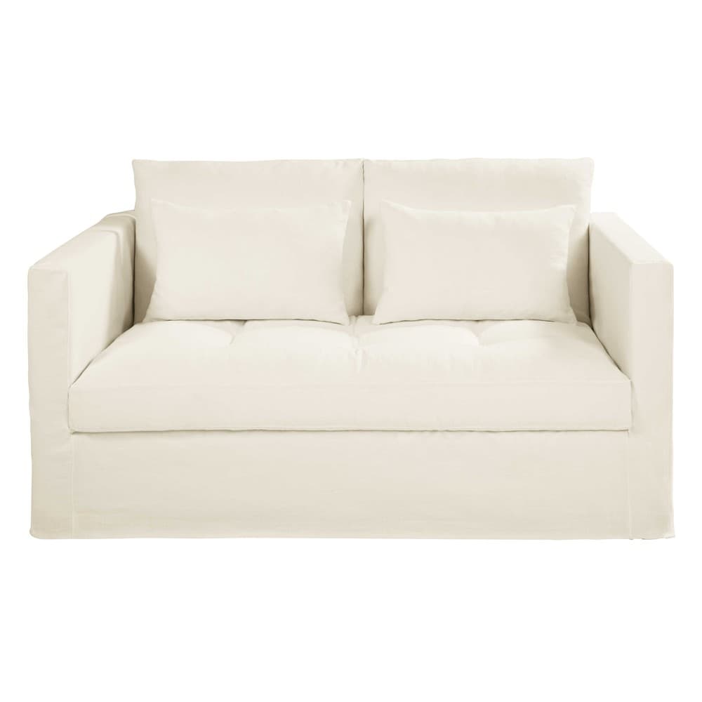 White 2seater washed linen sofa bed Basile Maisons du Monde